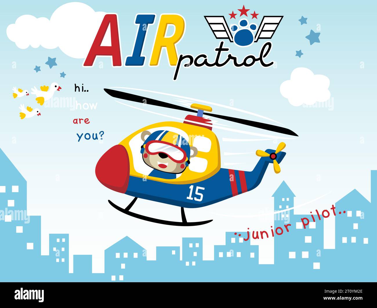 Vector illustration of cartoon funny bear pilot on helicopter across buildings with herd of bird Stock Vector