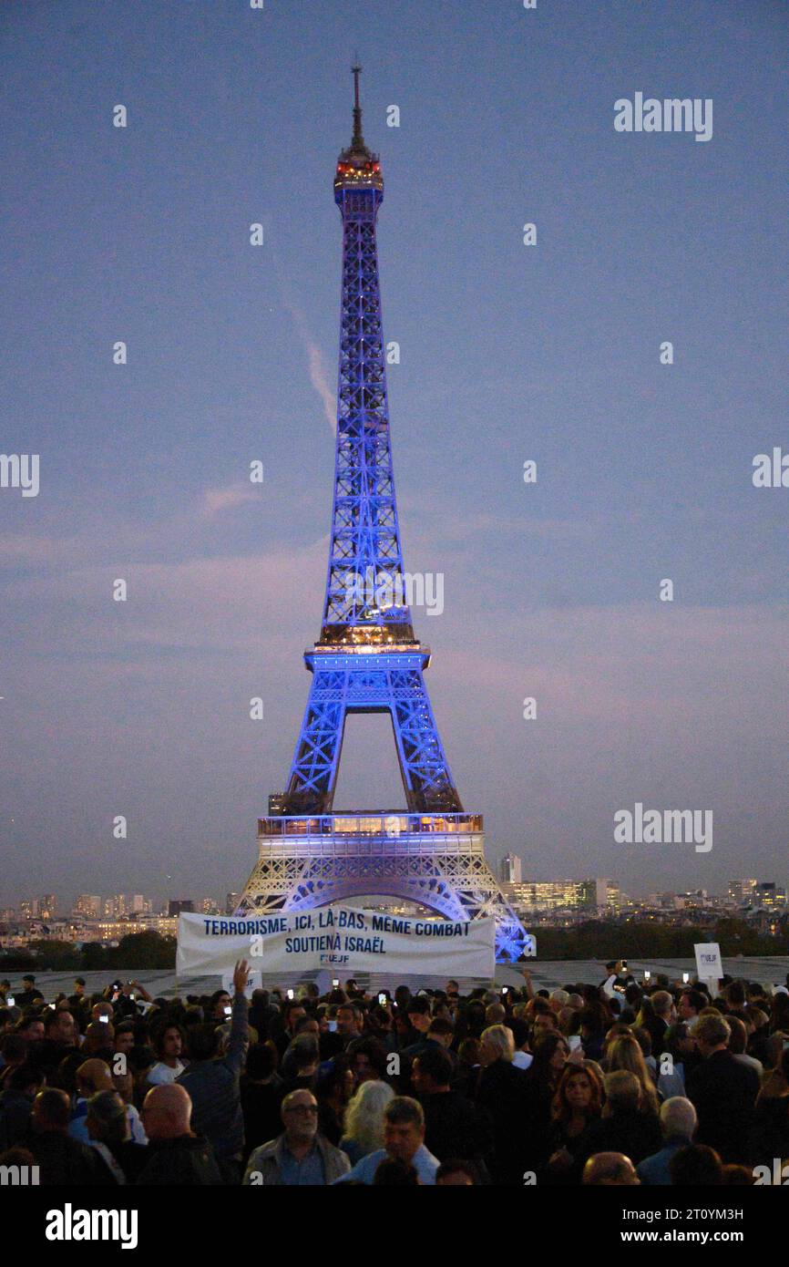 Paris, France. 09th Oct, 2023. The Eiffel Tower illuminated with the