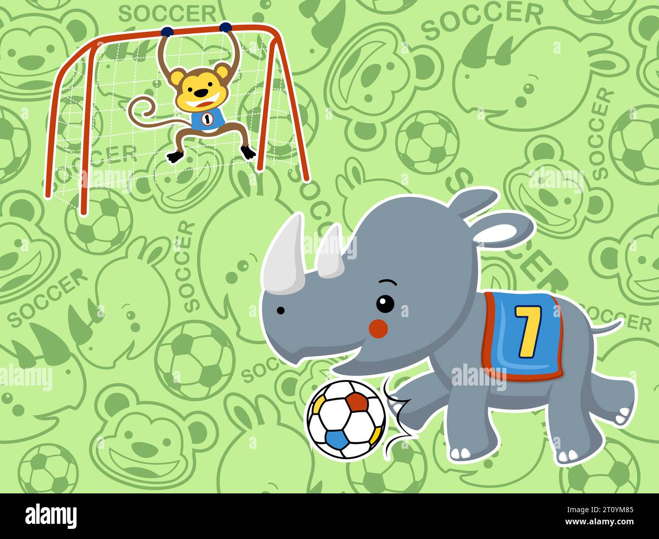 Funny rhino with monkey playing soccer on animals smile face seamless pattern background. Vector cartoon illustration Stock Vector