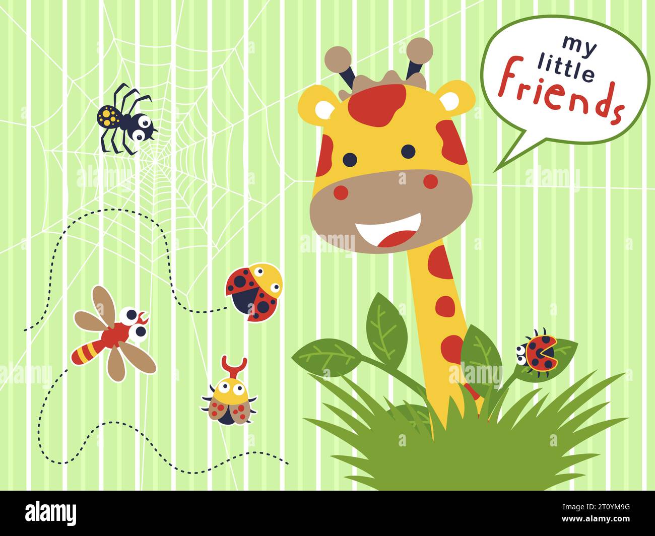 Funny giraffe cartoon with little bugs. Ladybird, beetle, dragonfly and
