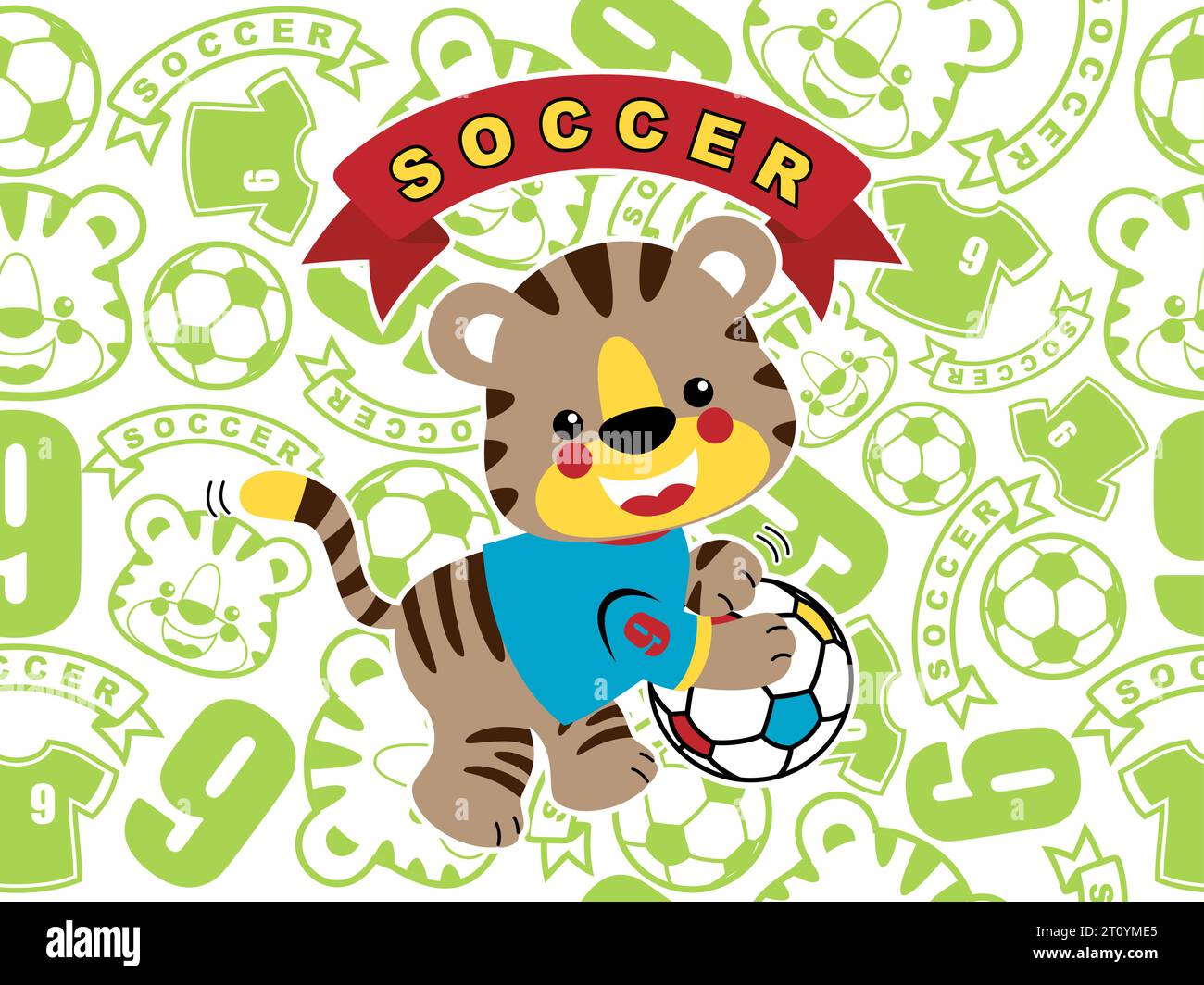 Funny little tiger holding ball on seamless pattern background of soccer elements and tiger smiling face. Vector cartoon illustration Stock Vector