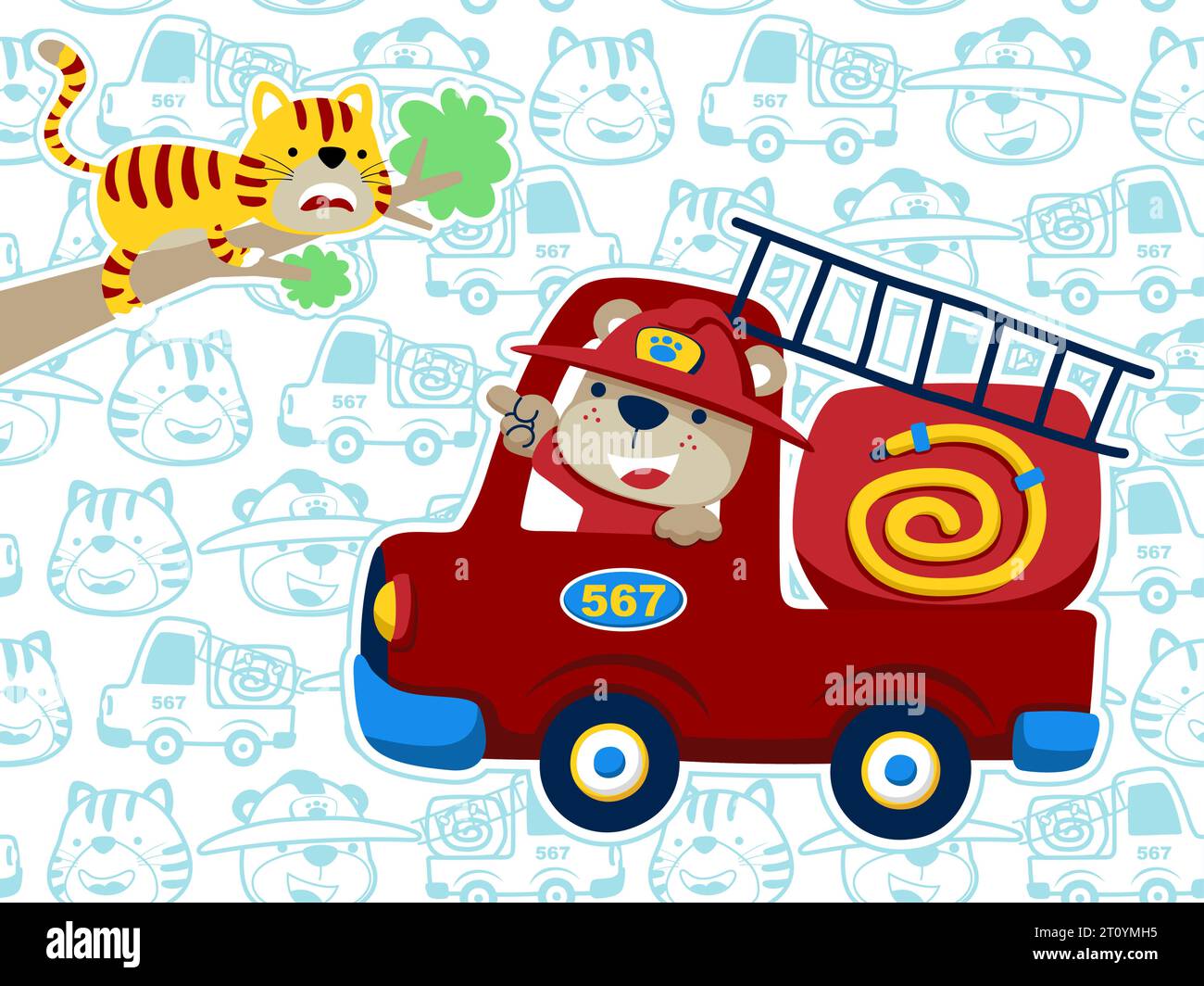 Bear the firefighter driving fire truck to rescue a cat on tree branches, seamless pattern of fire truck with animals smile face Stock Vector