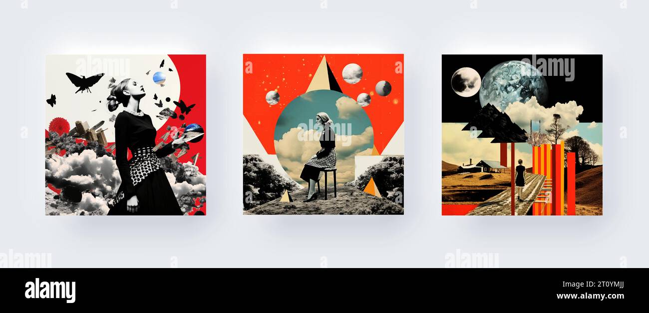 Wall Art Poster, Surrealism Illustration, Undercover Surreal Aesthetic, Retro Woman with Moon, Earth and Pyramid, Modern Designer Collage Stock Vector