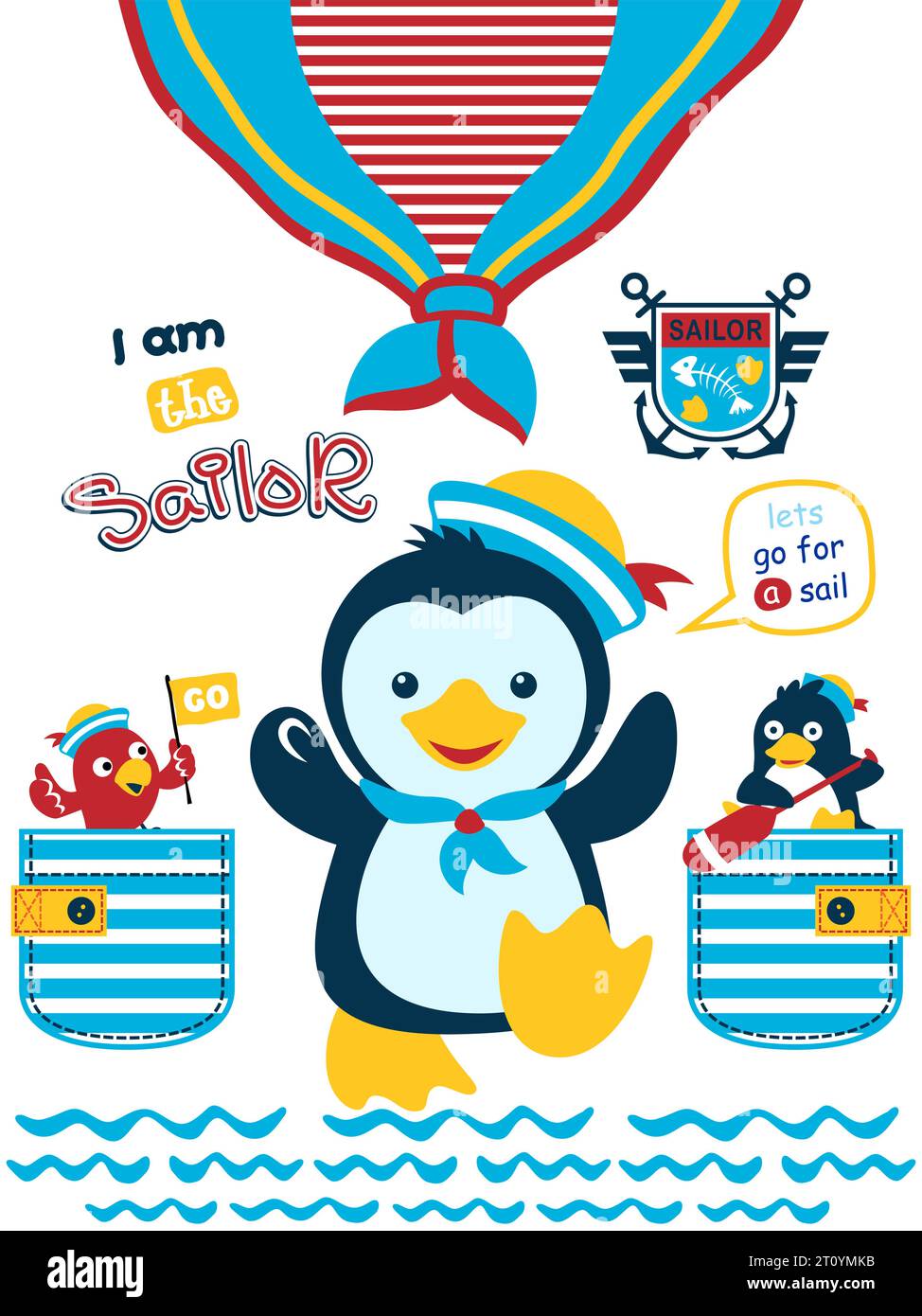 Cute penguin in sailor costume, penguin holding paddle in pocket, bird