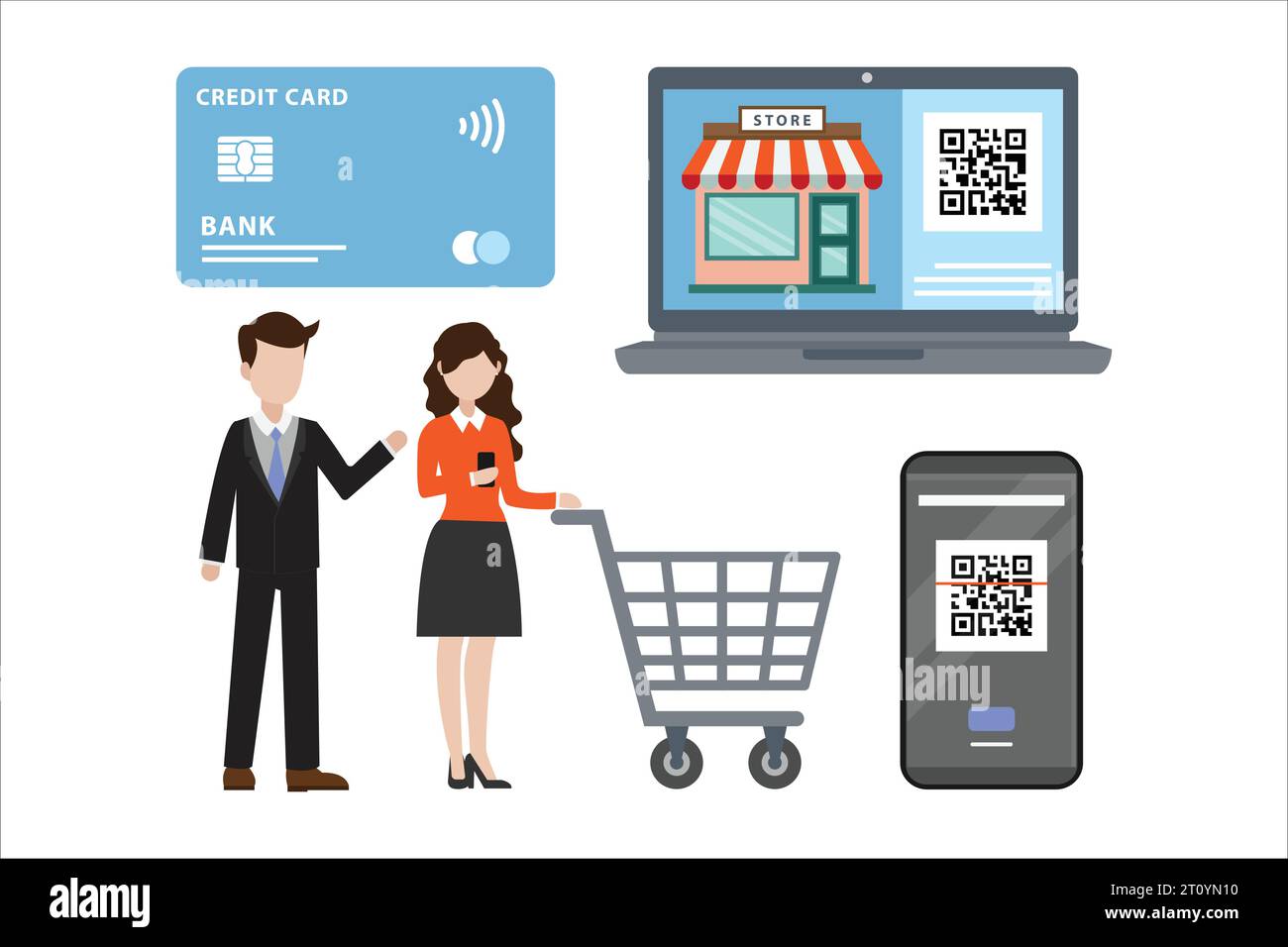 contactless payment illustration of man and woman shopping online with smart phone Stock Vector