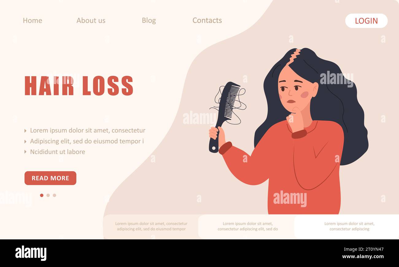 Hair loss concept. Landing page template. Sad woman with alopecia. Baldness disease and problems of the scalp. Unhappy female character with hair Stock Vector