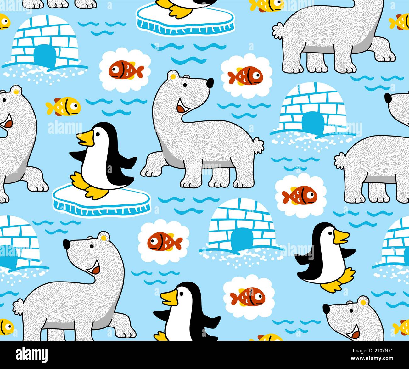 seamless pattern of polar bear, penguin and fishes Stock Vector