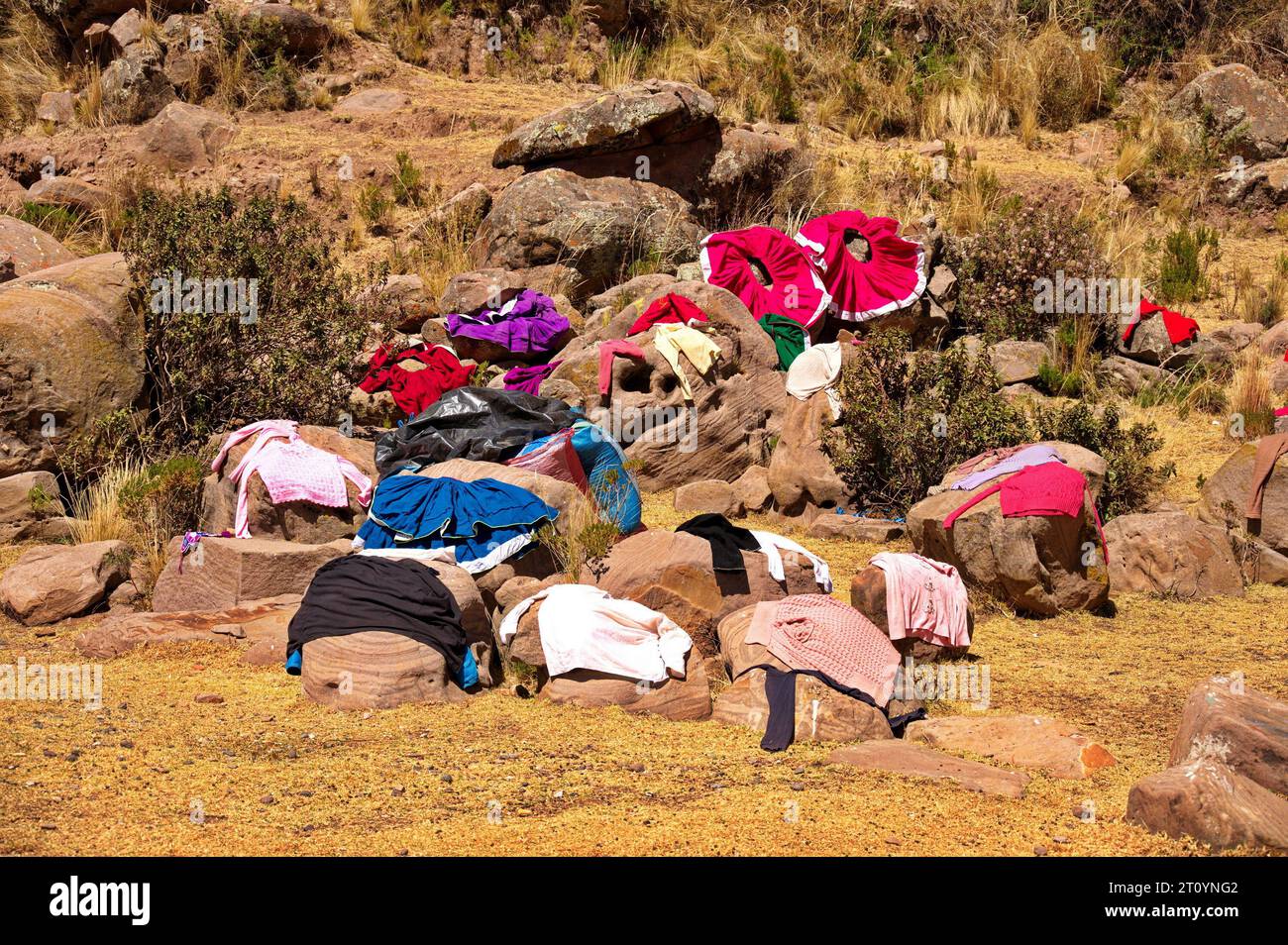 Peruvian traditional clothes drying in the sun on Titicaca island Stock Photo