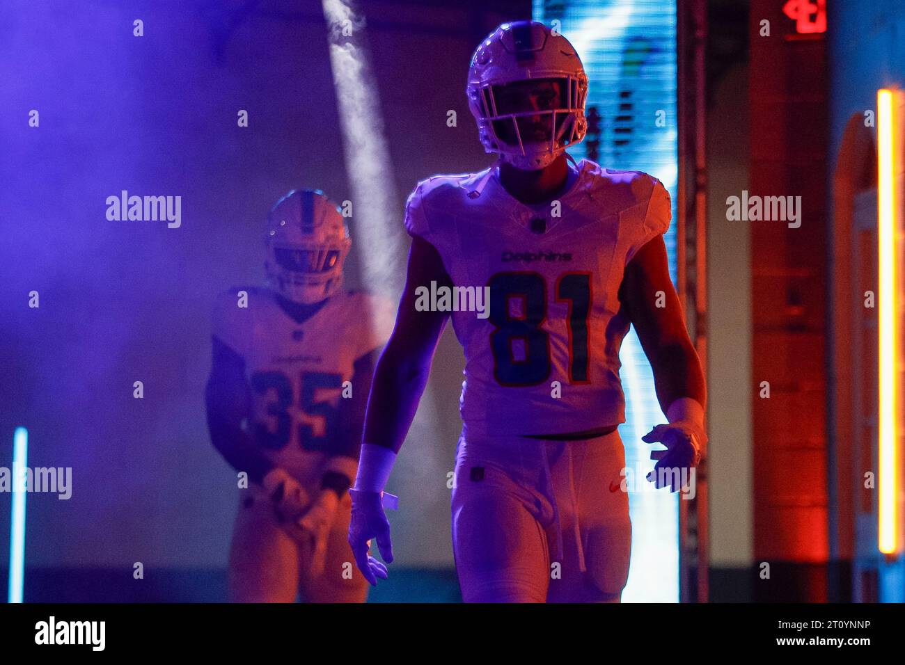 Miami Dolphins tight end Durham Smythe (81) walks through the entrance tunnel prior to a regular season game against the New York Giants, Sunday, Octo Stock Photo