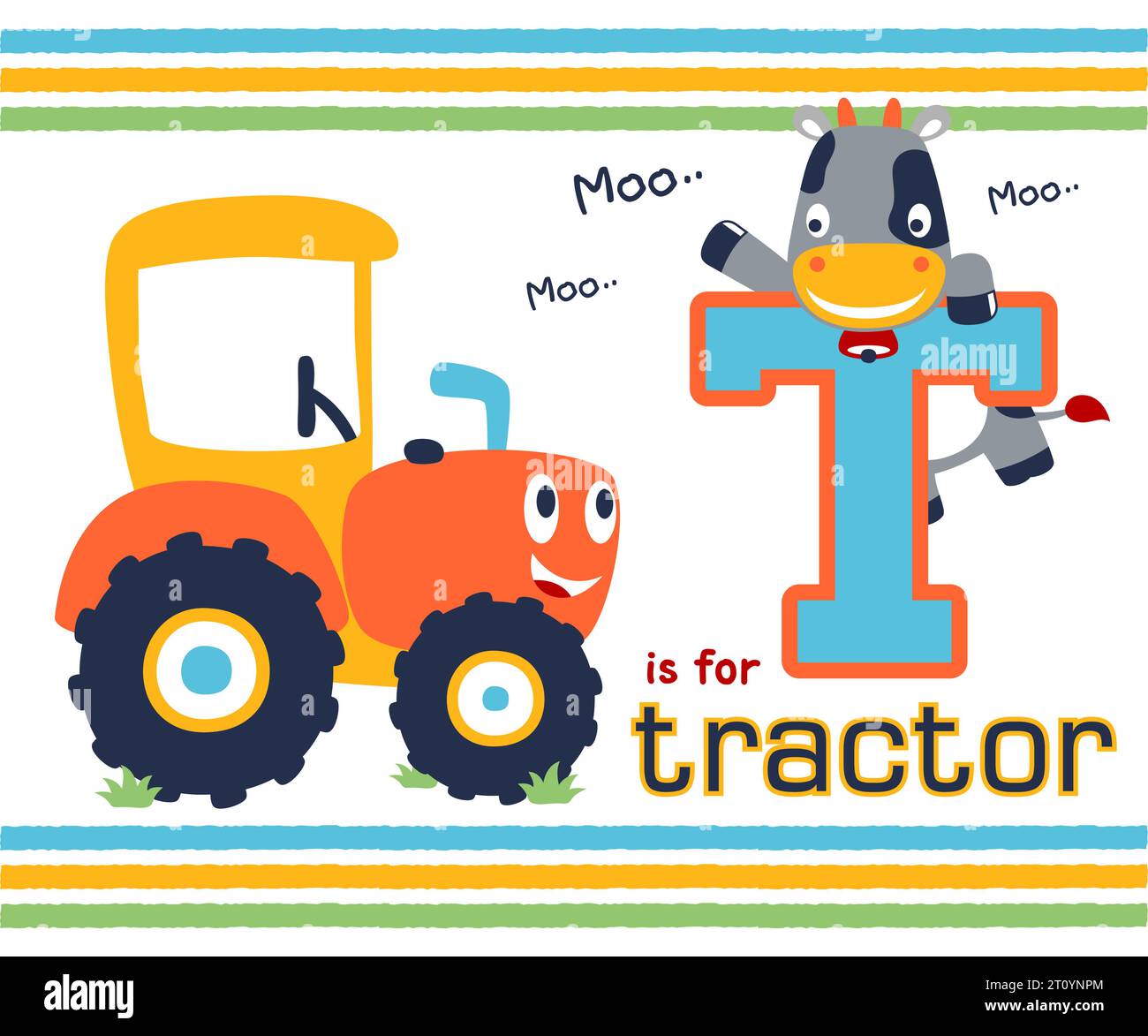 Vector illustration of cartoon funny tractor with cow on T letter Stock Vector