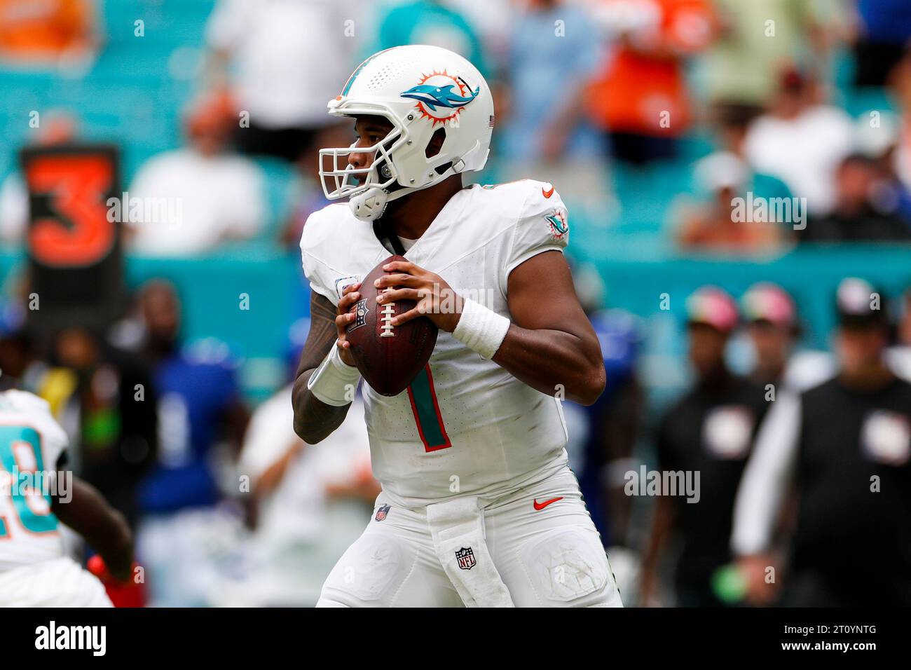Miami Dolphins quarterback Tua Tagovailoa (1) looks for an open