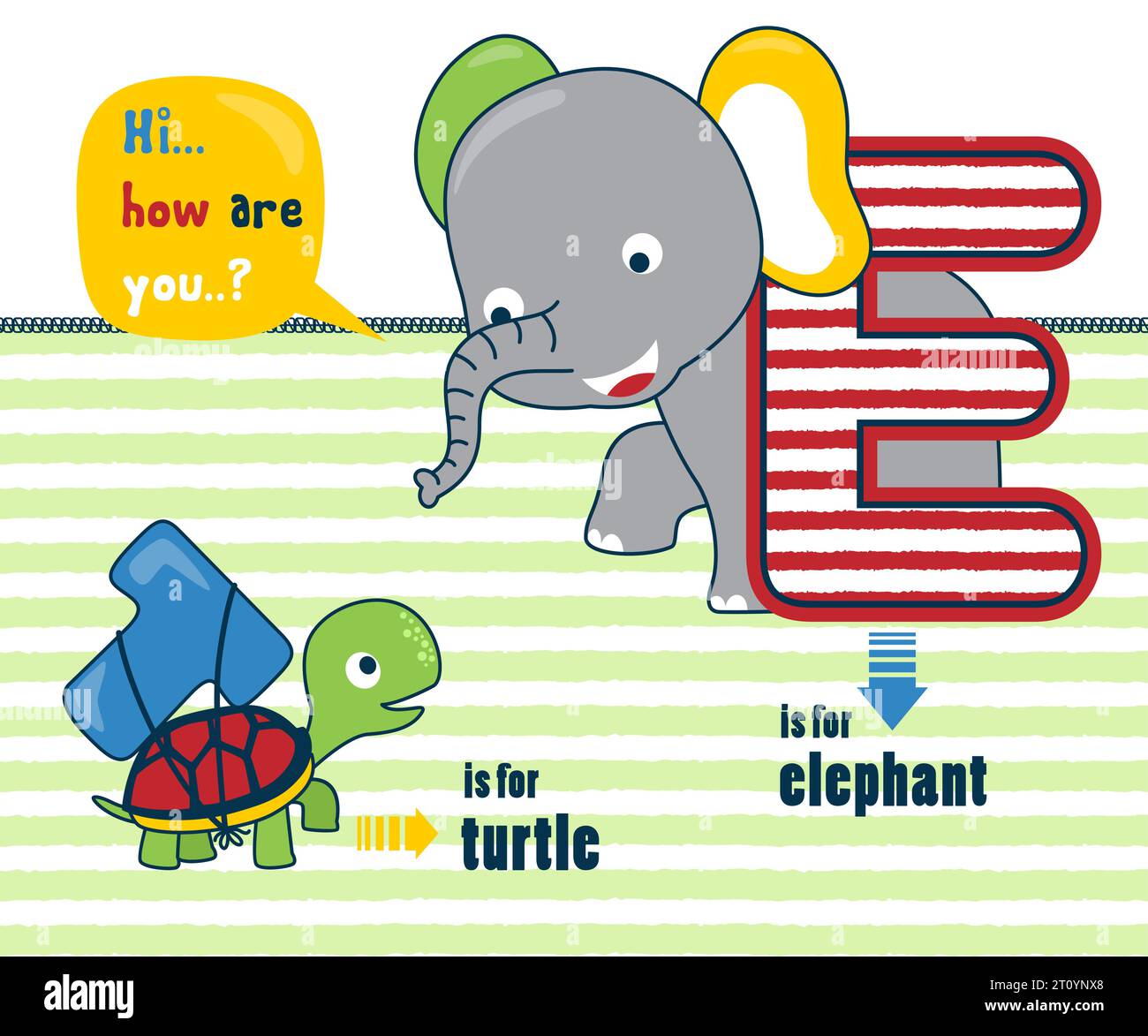 Vector illustration of cute animals with it names, funny elephant and turtle with letter Stock Vector