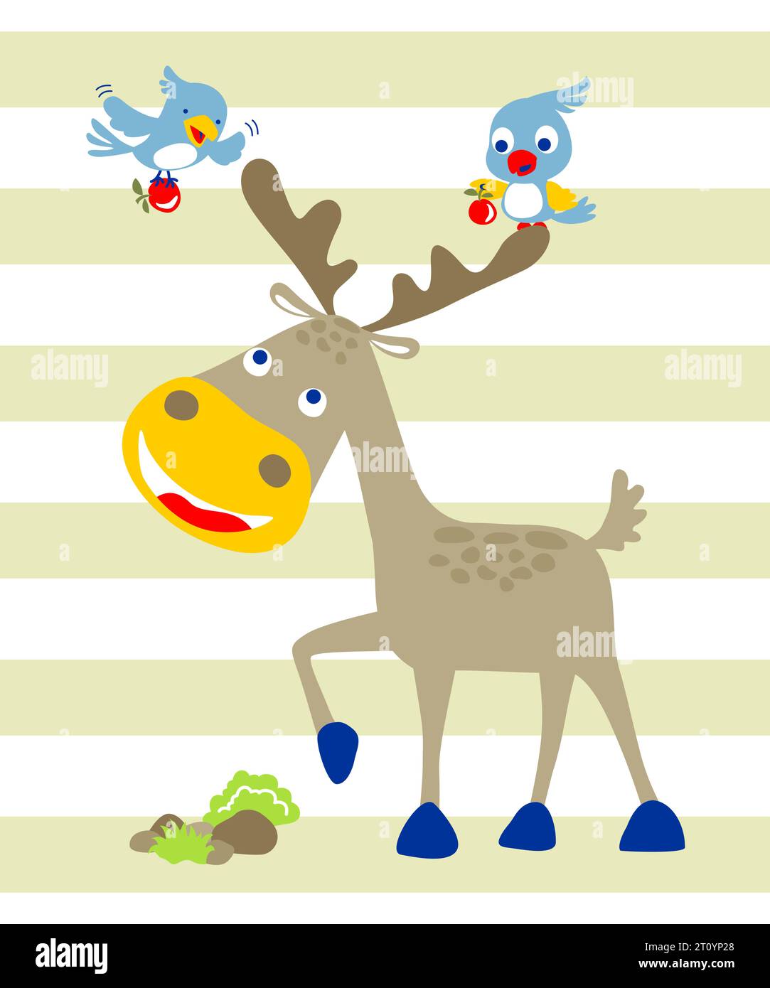 Vector illustration of cartoon deer with birds carrying fruit Stock Vector