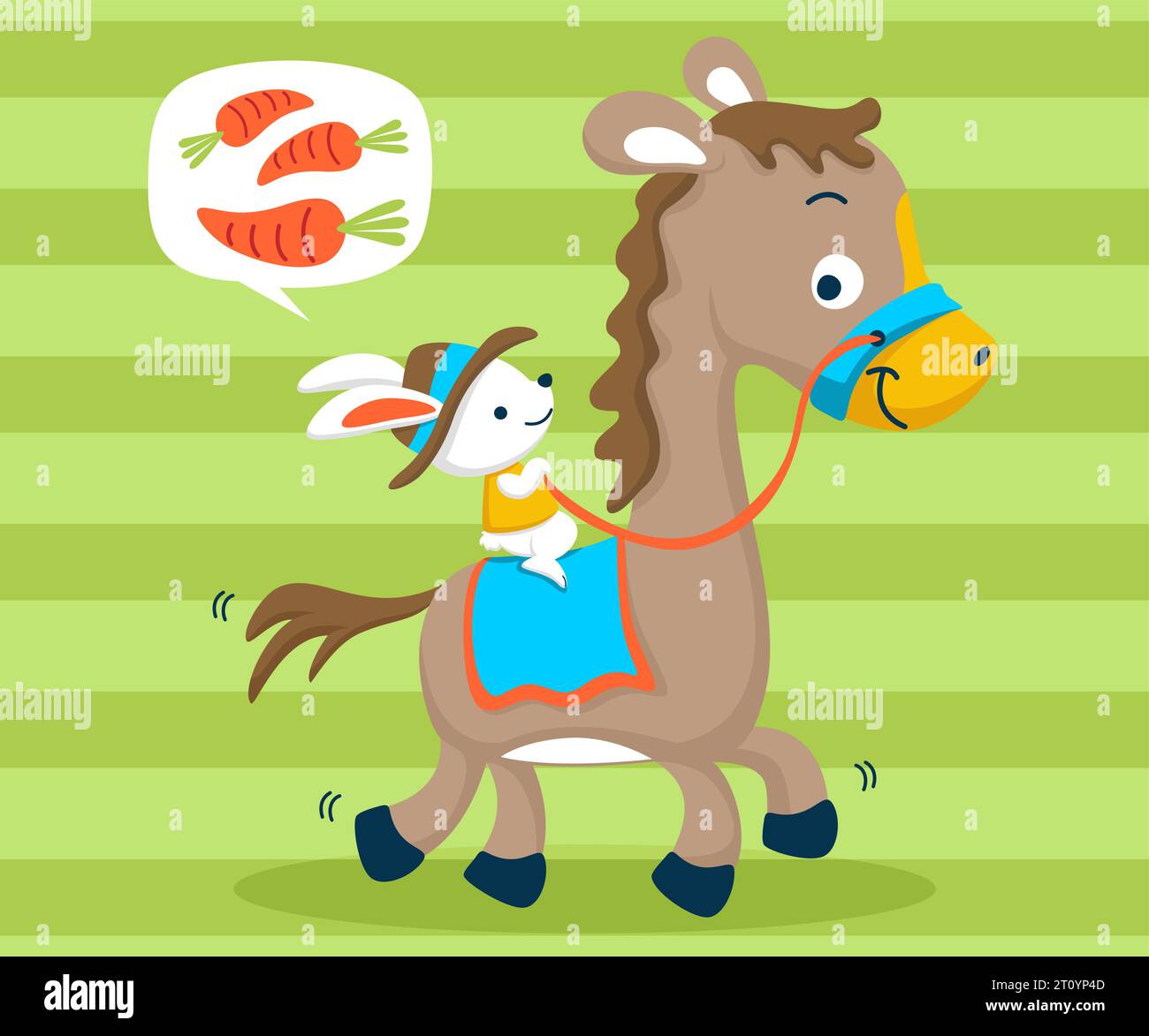 Nice bunny thinking carrots while ride on horse on stripe background ...