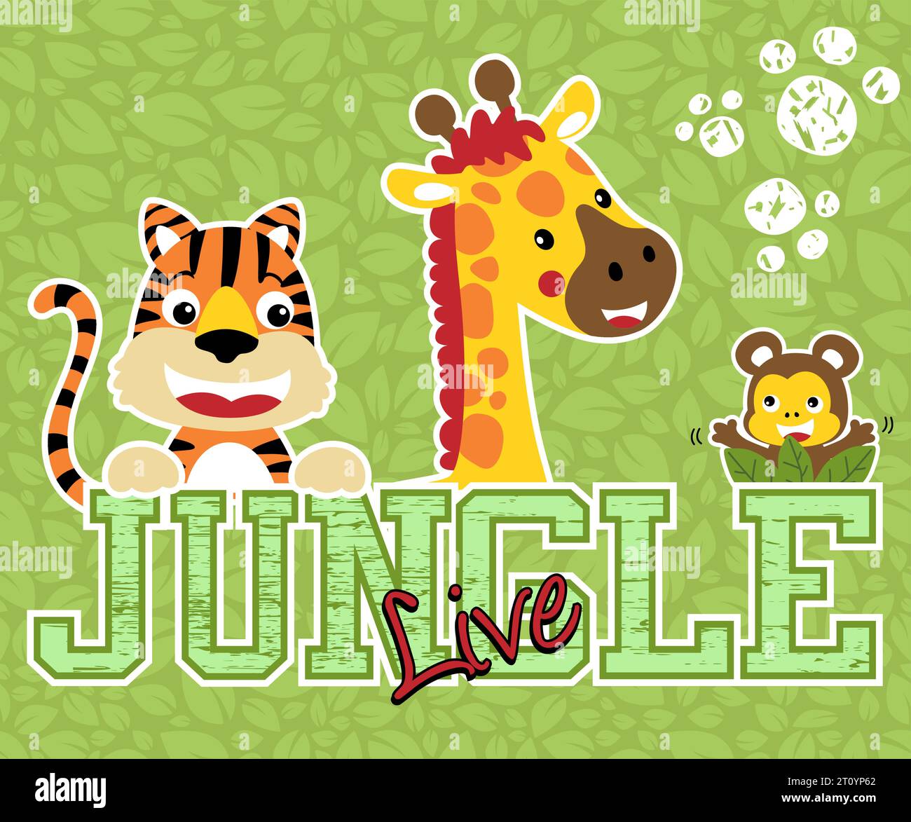 Funny jungle animals cartoon, tiger, giraffe, monkey on seamless pattern of leaves background. Vector cartoon illustration Stock Vector