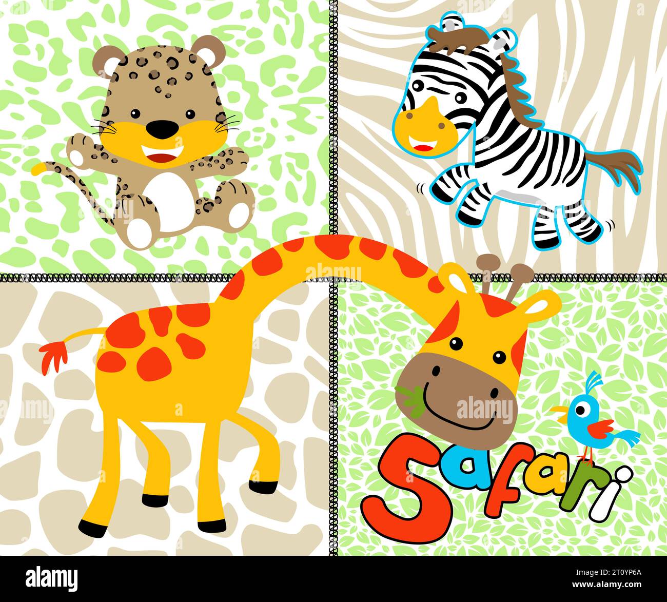 Funny animals cartoon on animals skin stripe background. Vector cartoon illustration Stock Vector