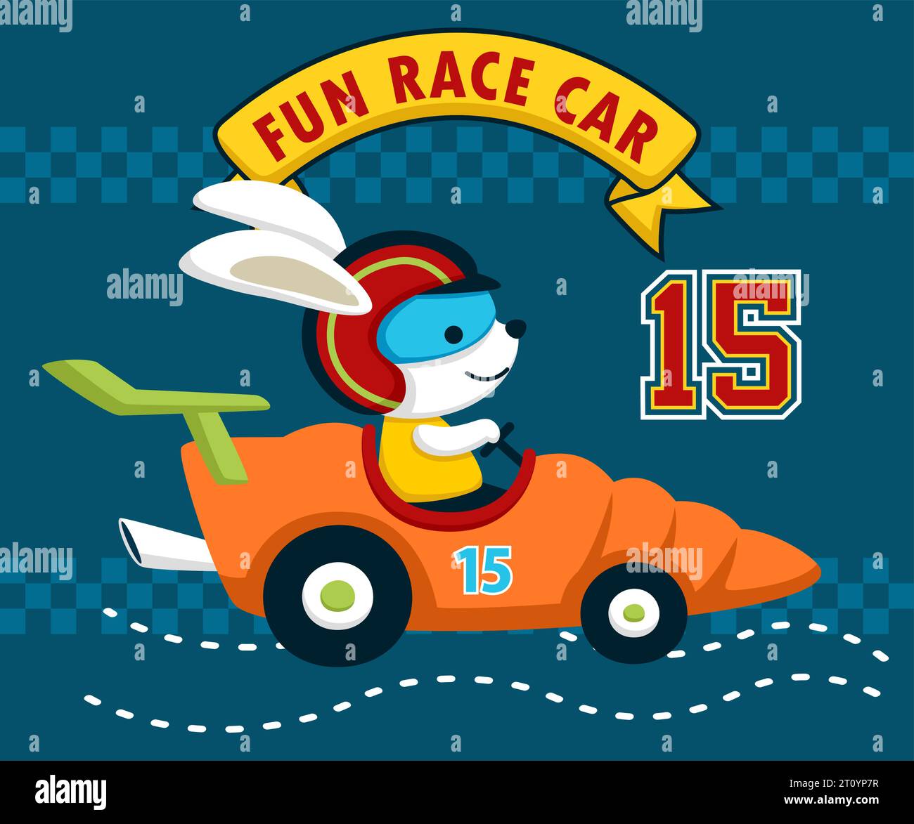 Cute bunny wearing helmet car racer driving carrot car. Vector cartoon