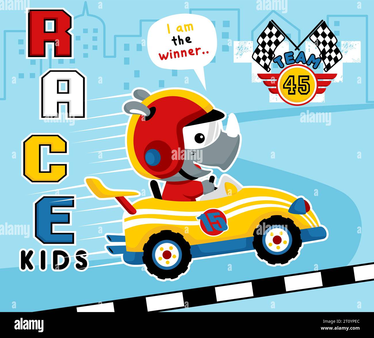 Vector illustration of cute rhino on race car. Car racing element cartoon Stock Vector