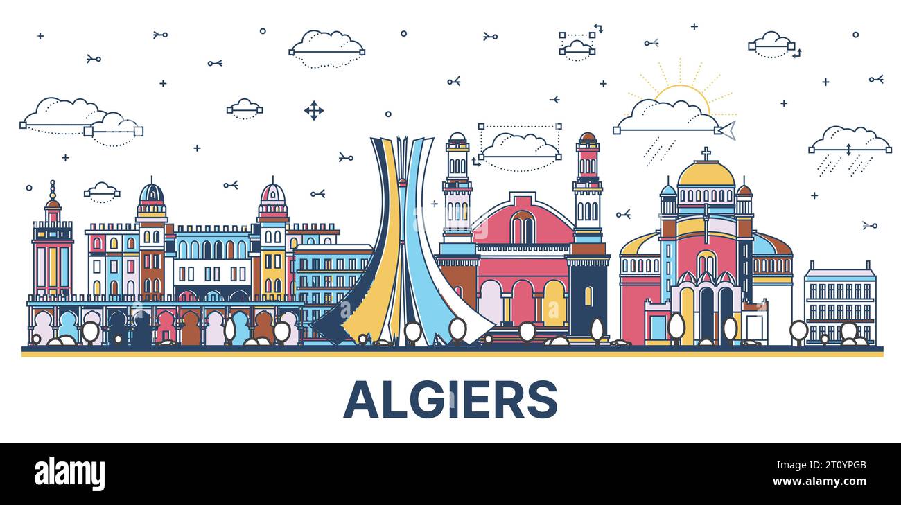 Outline Algiers Algeria city skyline with colored modern and historic buildings isolated on white. Vector illustration. Algiers cityscape. Stock Vector
