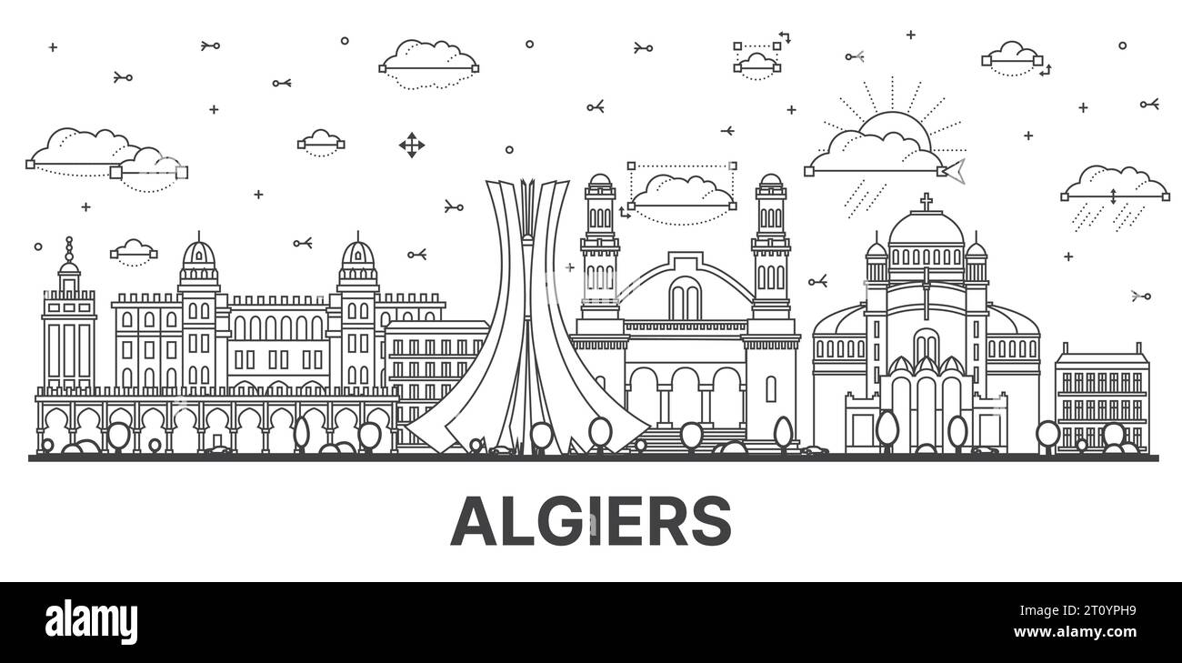 Outline Algiers Algeria city skyline with modern and historic buildings isolated on white. Vector illustration. Algiers cityscape with landmarks. Stock Vector