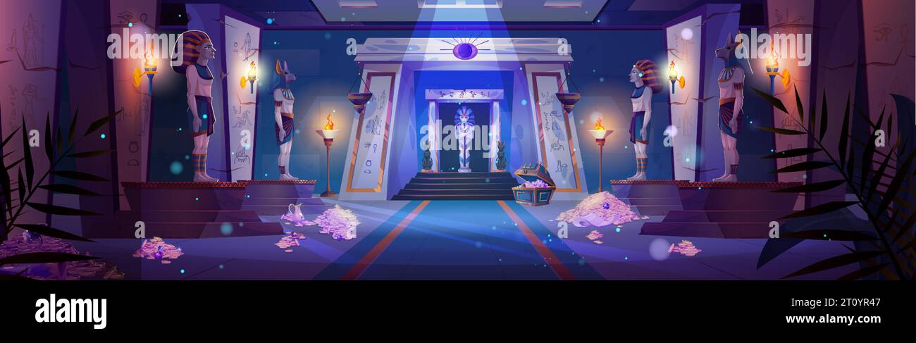 Egyptian pharaoh temple with treasure and tomb. Night ancient Egypt palace background. pyramid inside room interior with sarcophagus, torch fire, hieroglyphics on wall and magic moonlight sparkle. Stock Vector