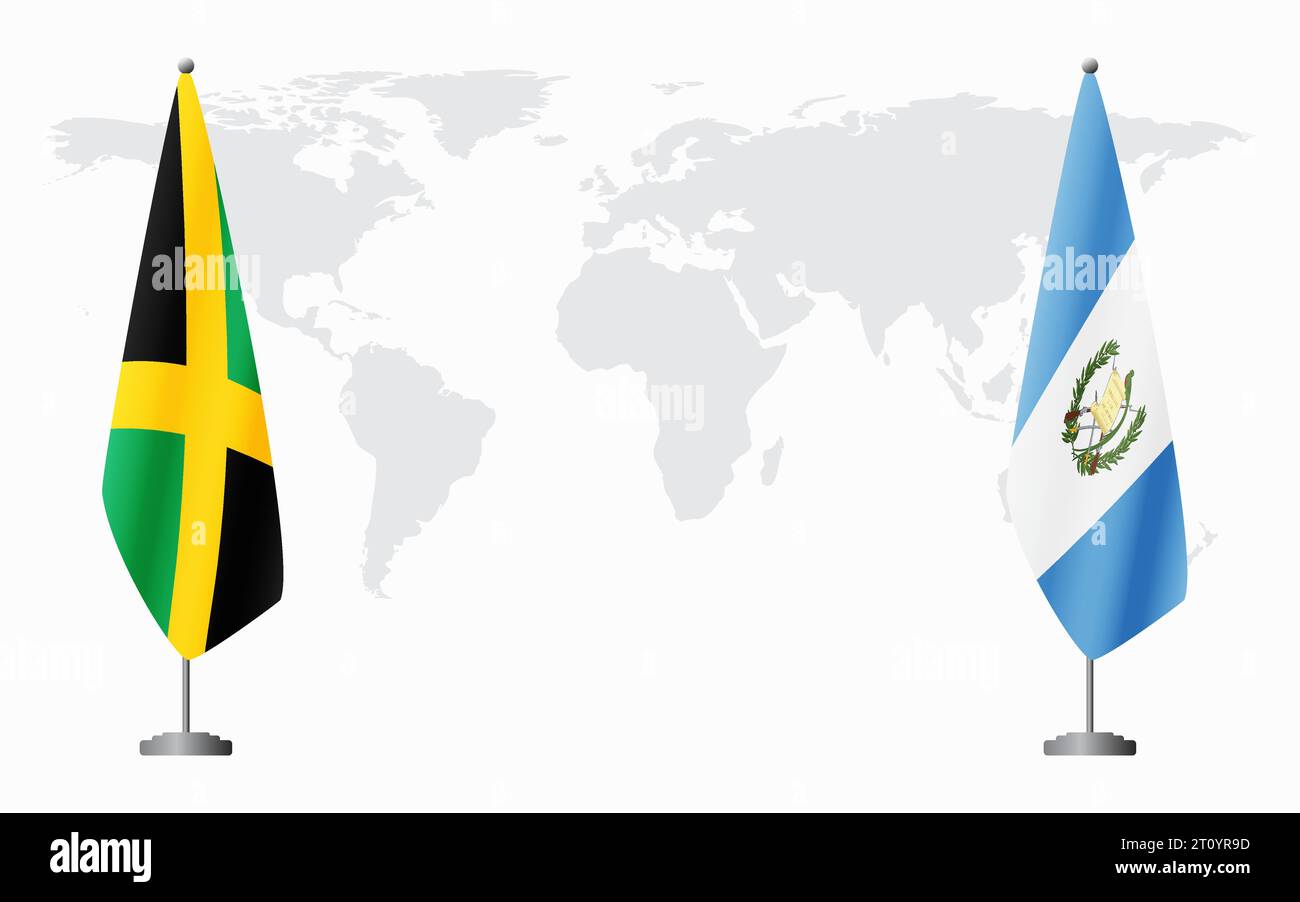 Jamaica and Guatemala flags for official meeting against background of world map. Stock Vector