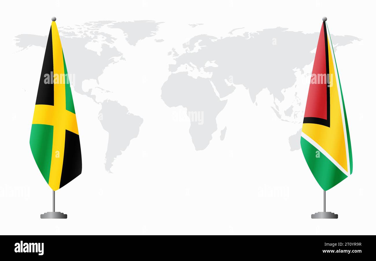 Jamaica and Guyana flags for official meeting against background of world map. Stock Vector