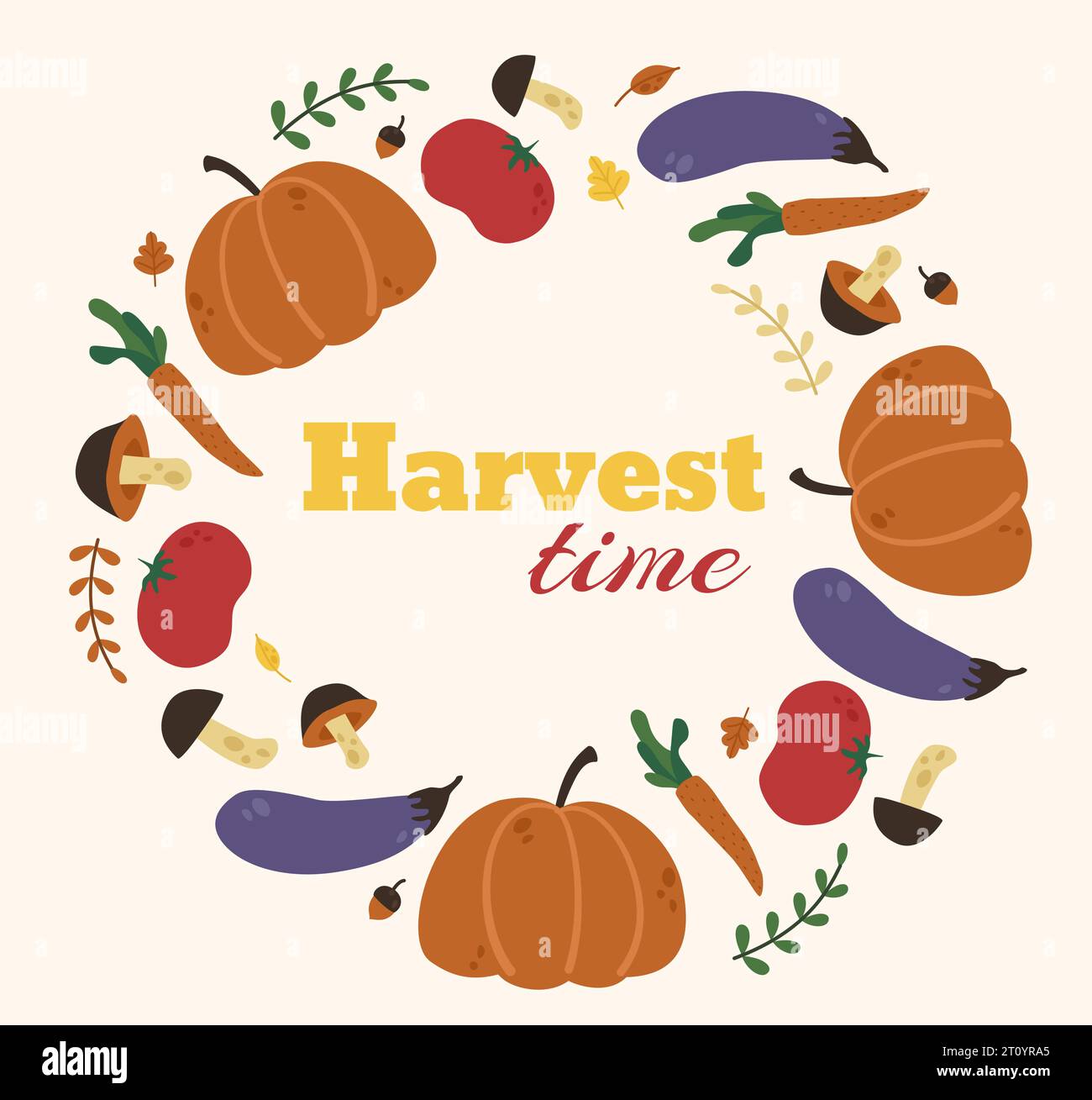 Autumn harvest festival. Vintage vector postcard. Pumpkin and mushrooms, tomato and eggplant, carrots, acorns and leaves. Elements for design. Stock Vector