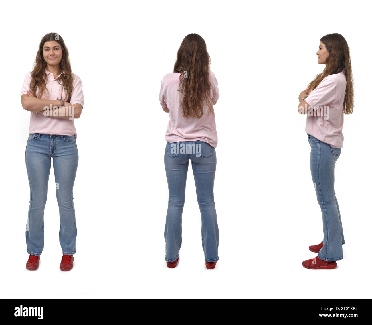 back,side and front view of a young girl standing and arms crossed on white background Stock Photo