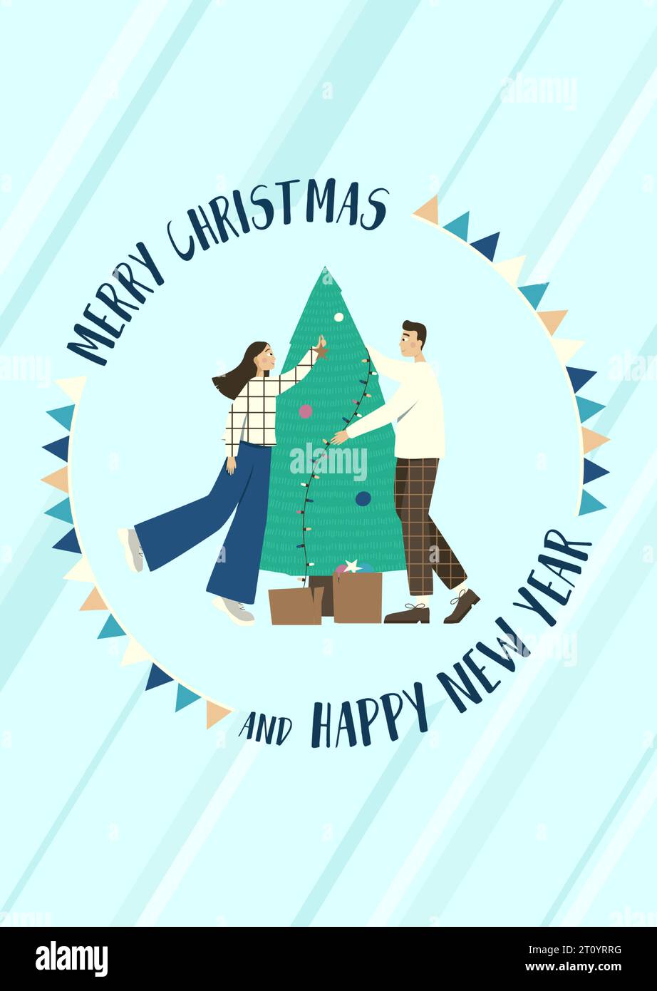 Christmas card where a couple decorates a Christmas tree with toys and garlands. Vector illustration in retro style. New Year's and Christmas. Design Stock Vector