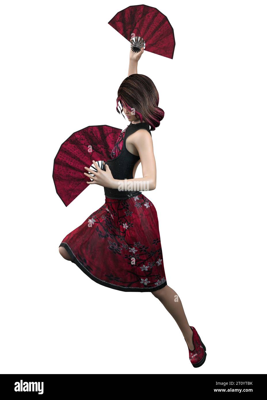 Young asian girl in hot pink dress holding two fans, 3D Illustration. Stock Photo