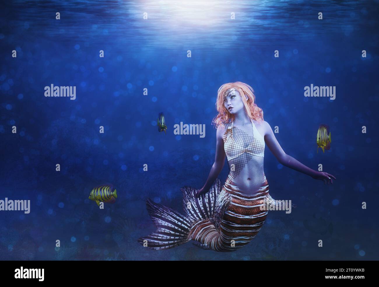 Dark underwater scene with coral reef and mermaid, 3D Illustration. Stock Photo
