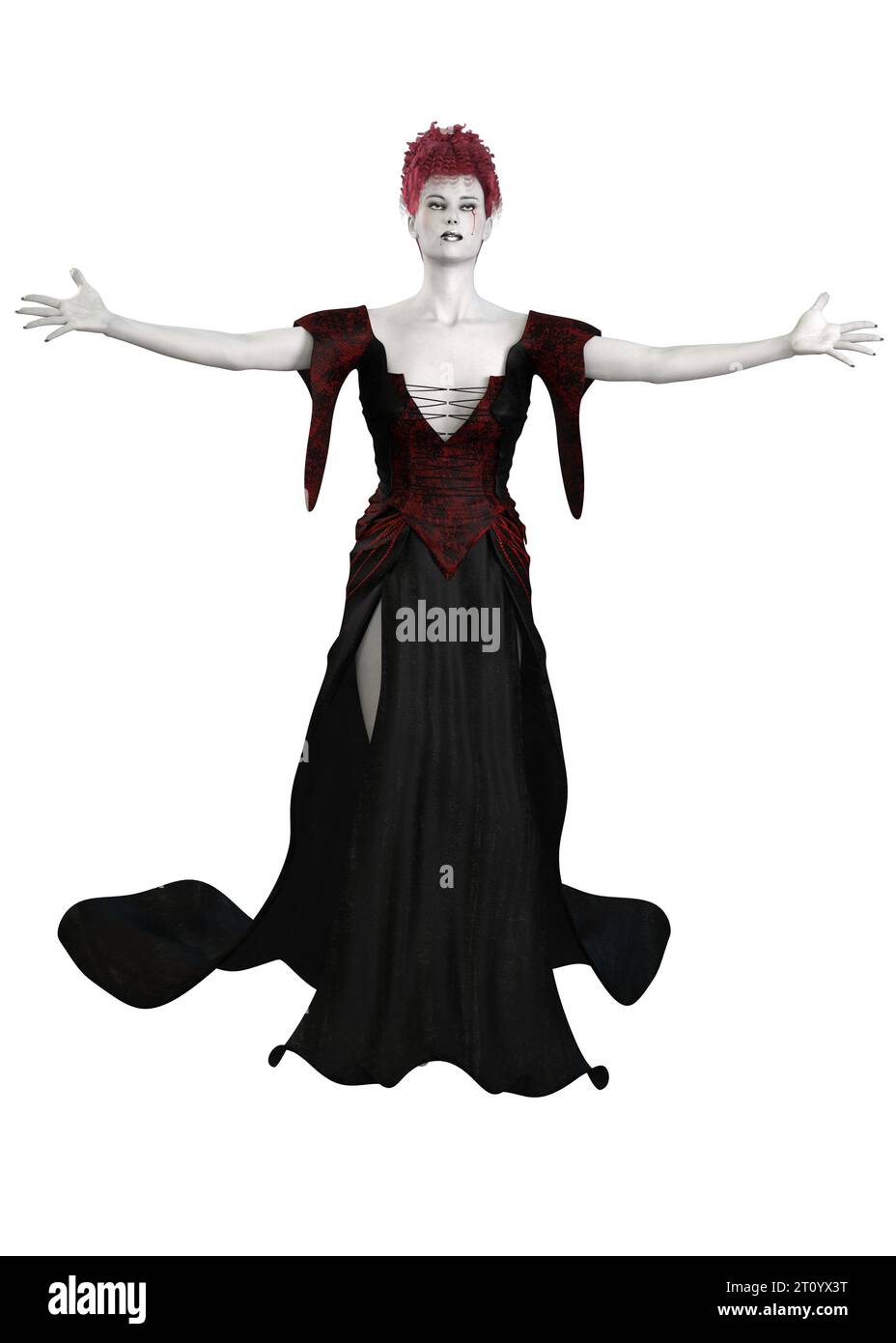 Fantasy mage, witch woman with pale skin wears black red outfit, 3D Illustration. Stock Photo