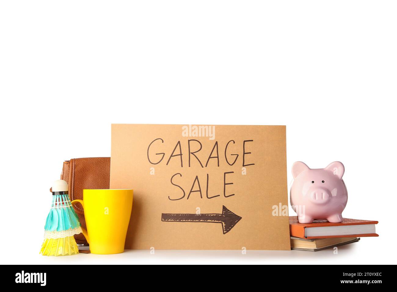 Unwanted stuff and cardboard with text GARAGE SALE isolated on white background Stock Photo