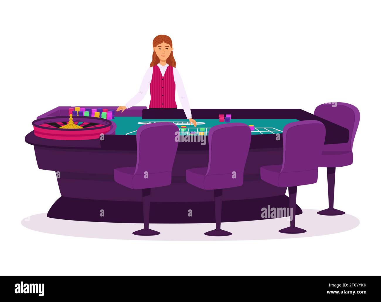 Croupier in a casino at a roulette table vector illustration. People characters flat illustration. For design casino web sites. Stock Vector