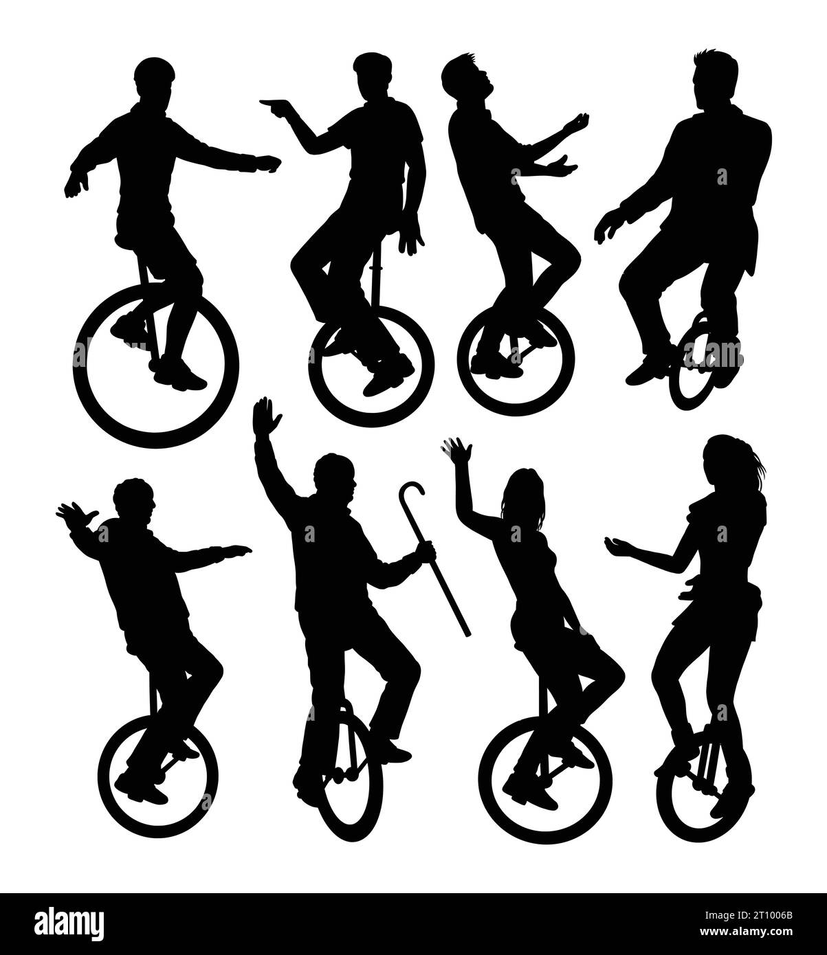 people riding monowheel bicycle silhouette Stock Vector