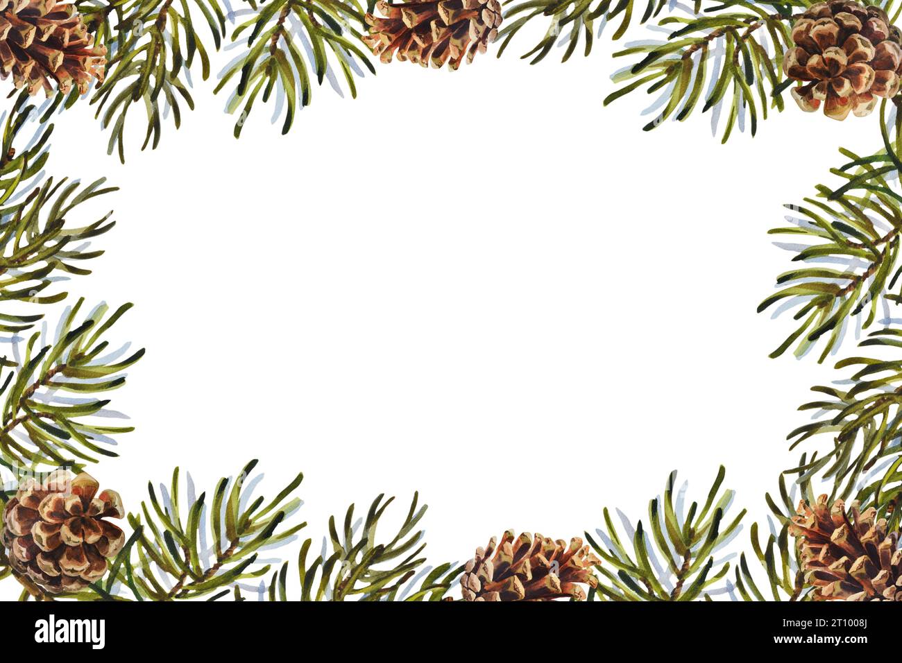 Watercolor Christmas frame with pine cones and fir tree branches. Hand ...