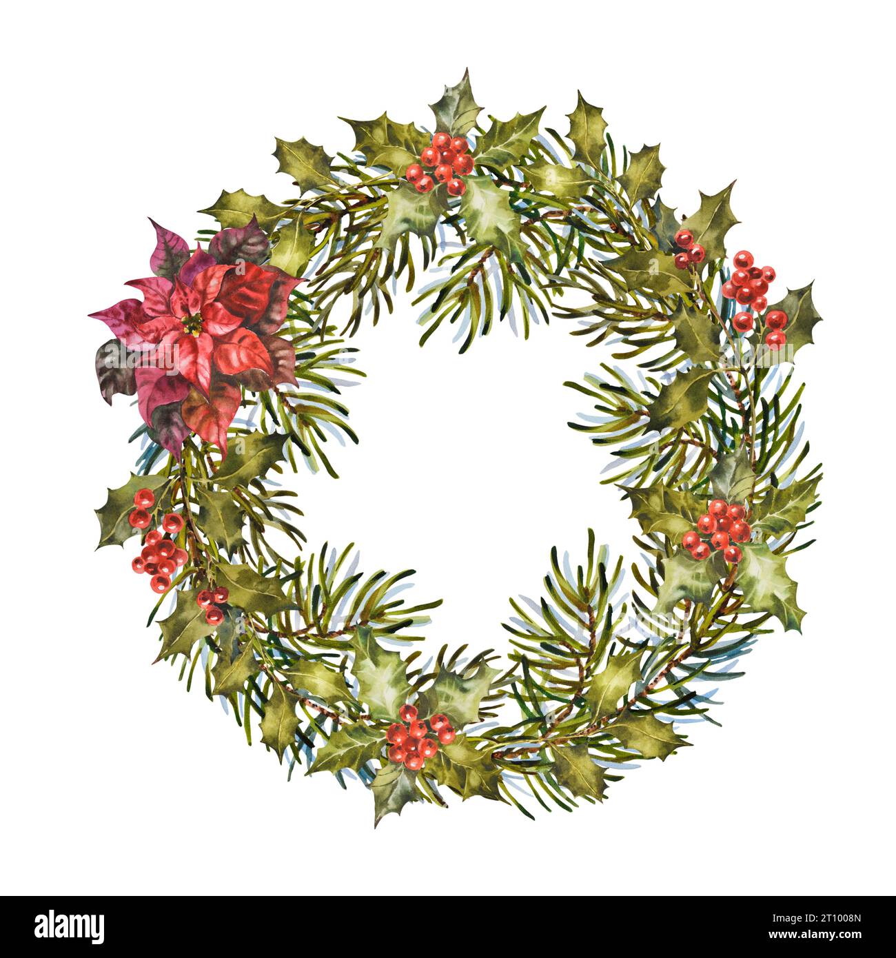 Christmas Wreath of fir branches, holly and mistletoe sprigs with ...