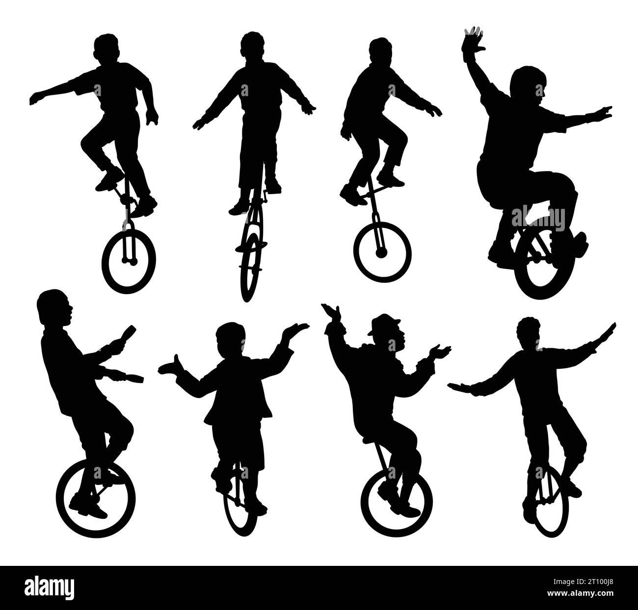 people riding monowheel bicycle silhouette Stock Vector
