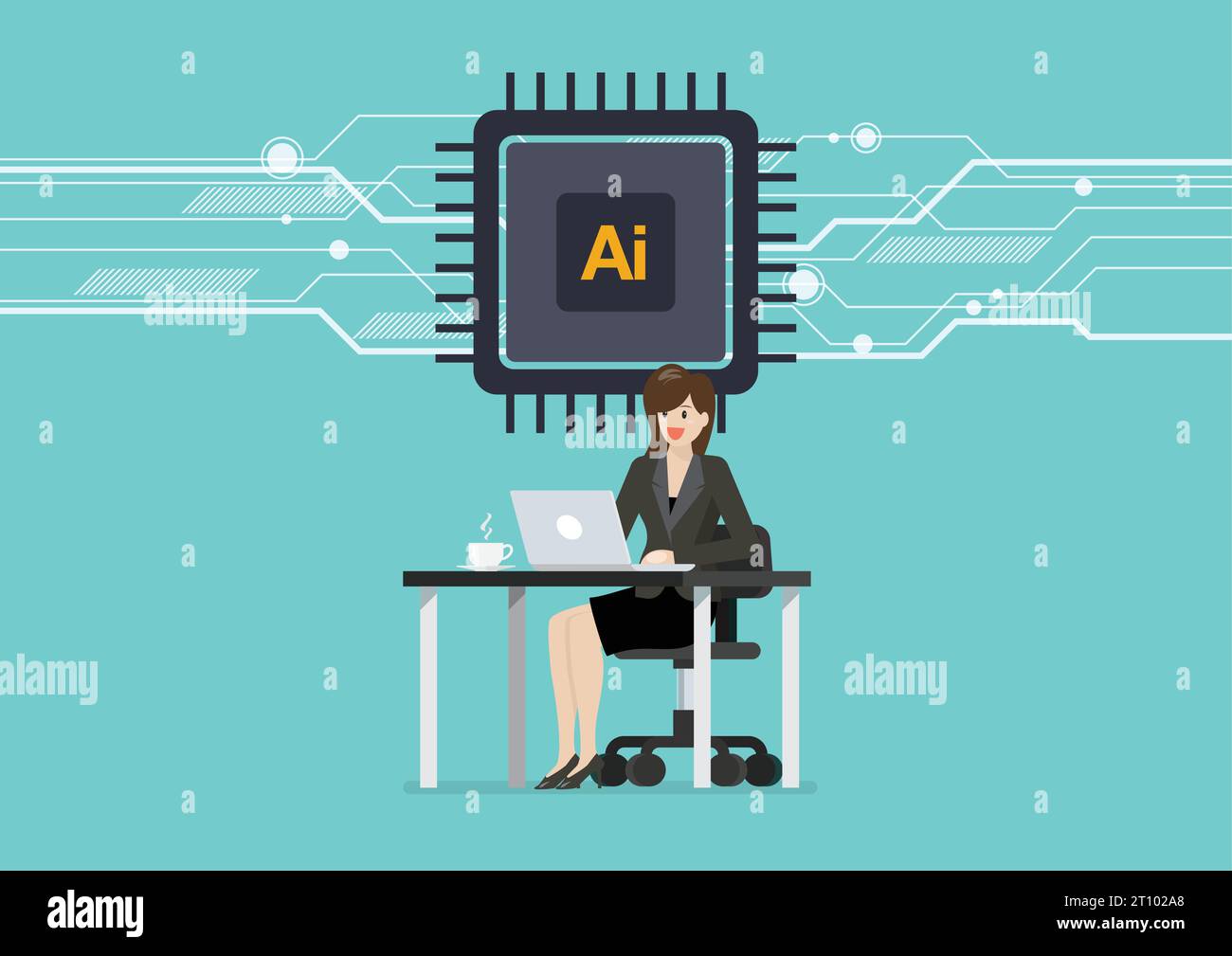 Business woman is working on a laptop computer at office desk with AI chip cpu icon. AI processor icon. AI artificial intelligence chip. Vector illust Stock Vector