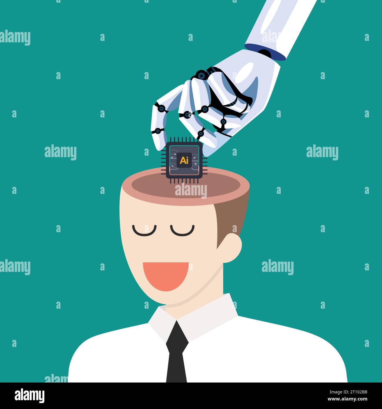 Robot hand put AI processing chip into human brain. machine learning and cyber mind domination concept. vector illustration. Stock Vector