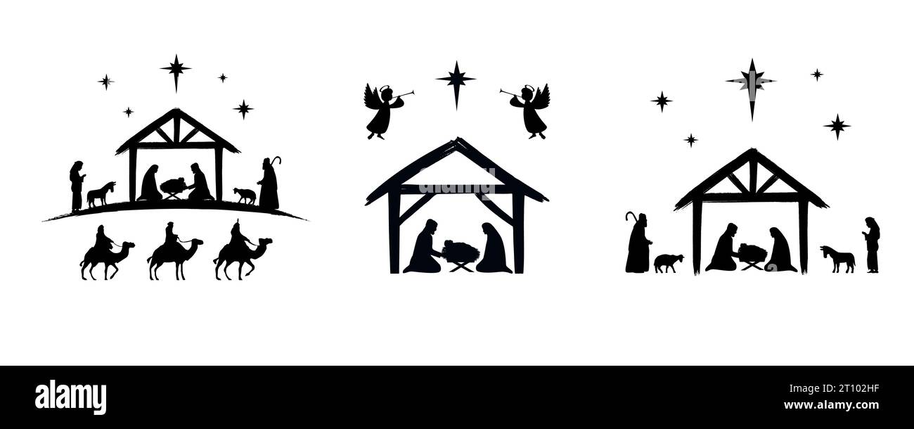 Set of holy Christmas scene, christian Nativity silhouettes. Joseph, Mary and Jesus in manger. The birth of Christ, Holy night vector illustration Stock Vector