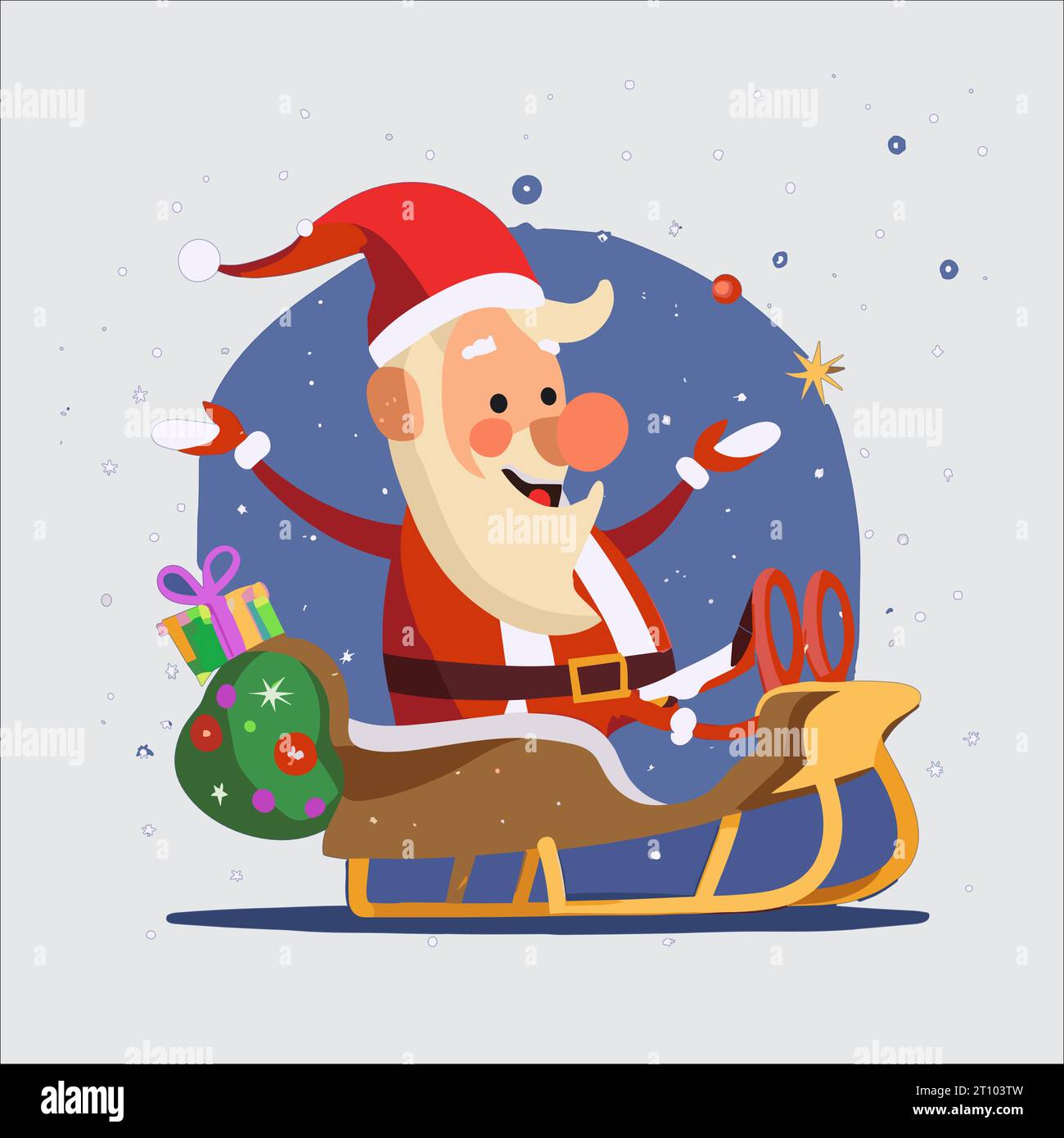 Vector of a happy Santa Claus flying in the night sky with a full bag of gifts. Magical Christmas atmosphere with stars shining in the background. Gre Stock Vector