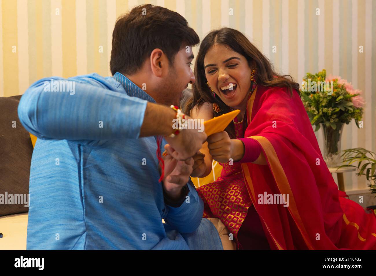 Sibling having fun on Raksha Bandhan Stock Photo