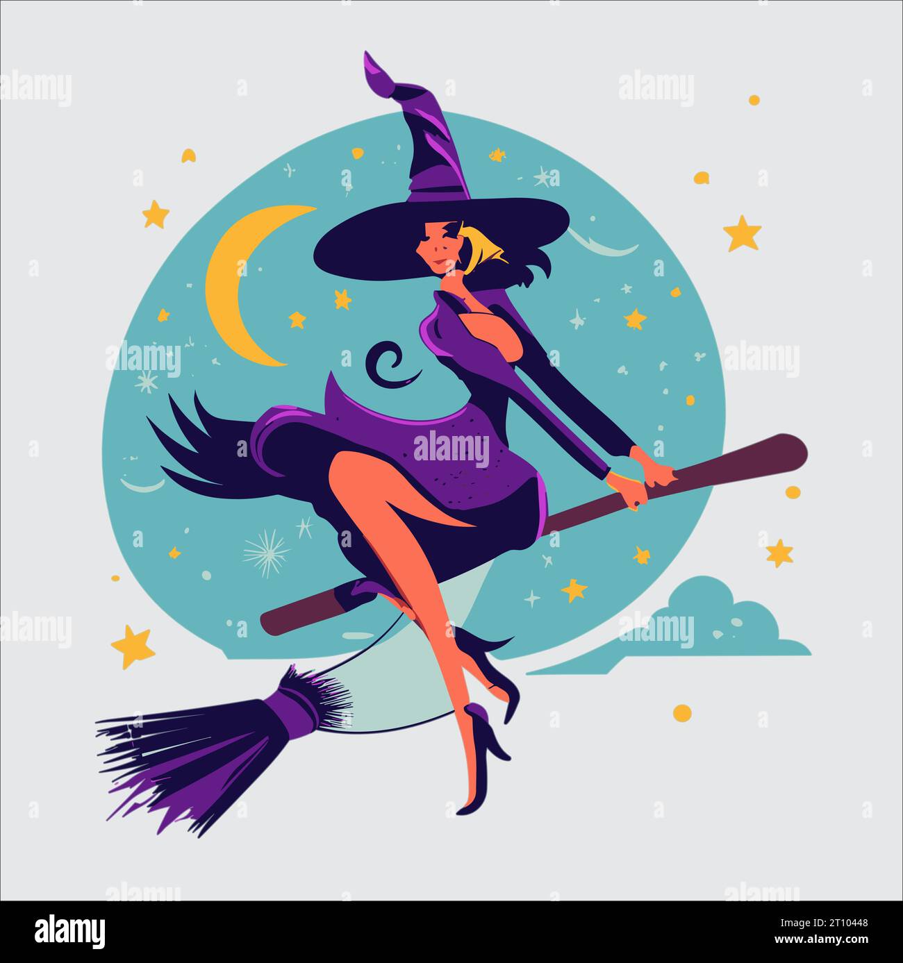 This vector illustration presents a charming image of a witch riding a broomstick in a witchcraft-related setting Stock Vector