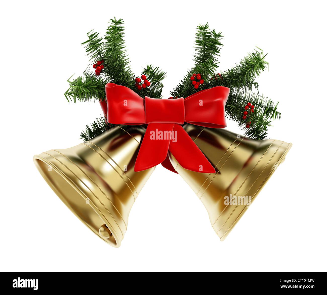 Golden Christmas bells, red ribbon and pine tree branches isolated on ...