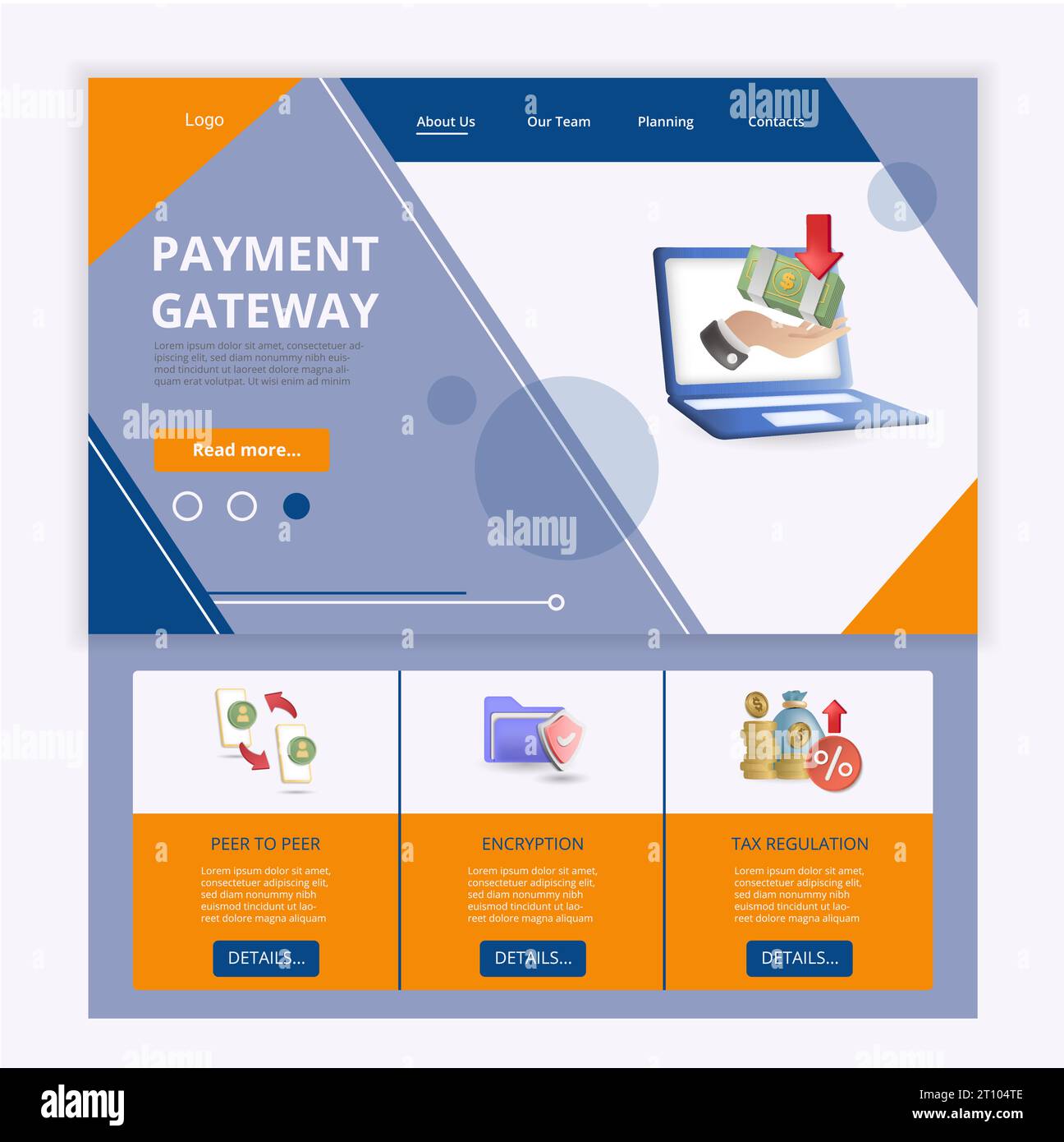 Payment gateway flat landing page website template. Peer to peer