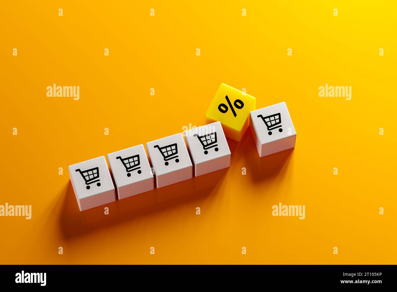 sales growth. shopping cart icon and percentage sign on cubes laid out