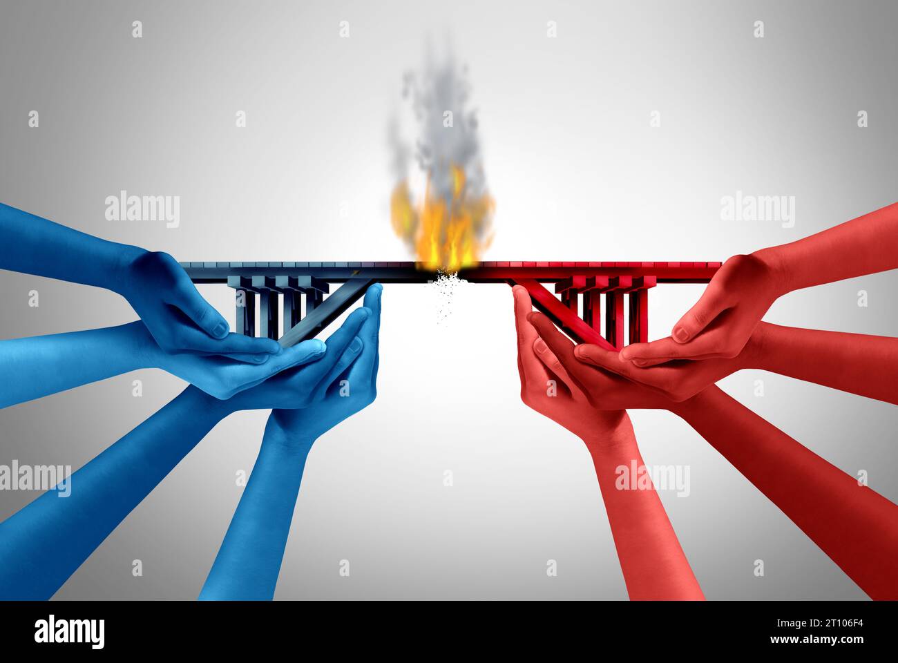 Breakdown Of Communication as a symbol of group division and a divided society as a burning bridge connection. Stock Photo