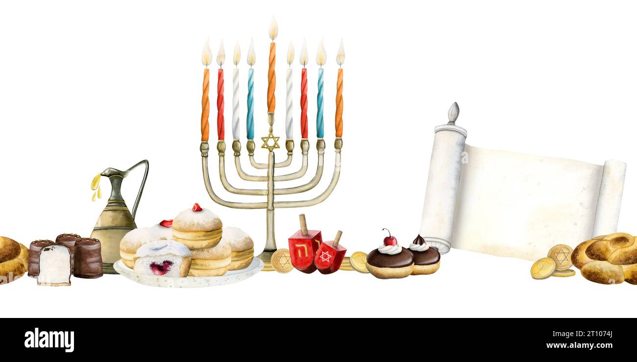 Hanukkah watercolor seamless horizontal border with menorah, sufganiyot donuts, dreidels, olive oil jug and Torah scroll Stock Photo